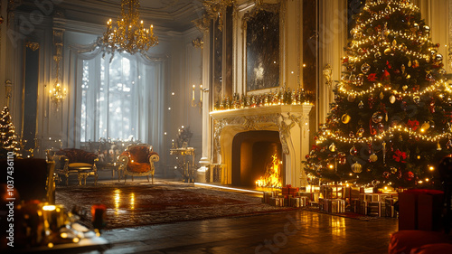 Home interior decorated on New Year holiday, luxury living room with fireplace and Christmas tree. Concept of xmas, house, decor