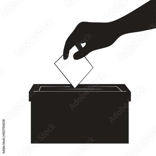 A black silhouette of a hand placing a ballot into a box, symbolizing democracy and voting for Election Day