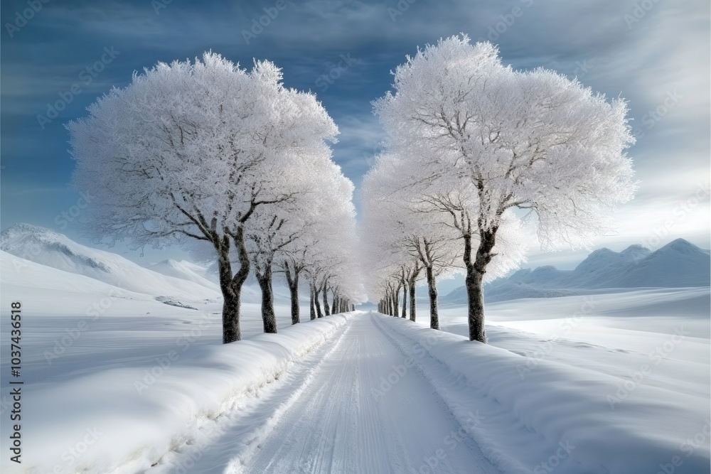 Obraz premium frosted trees lining a snow-covered road leading into a serene winter landscape with distant mountains under a soft blue sky, creating a peaceful and tranquil atmosphere