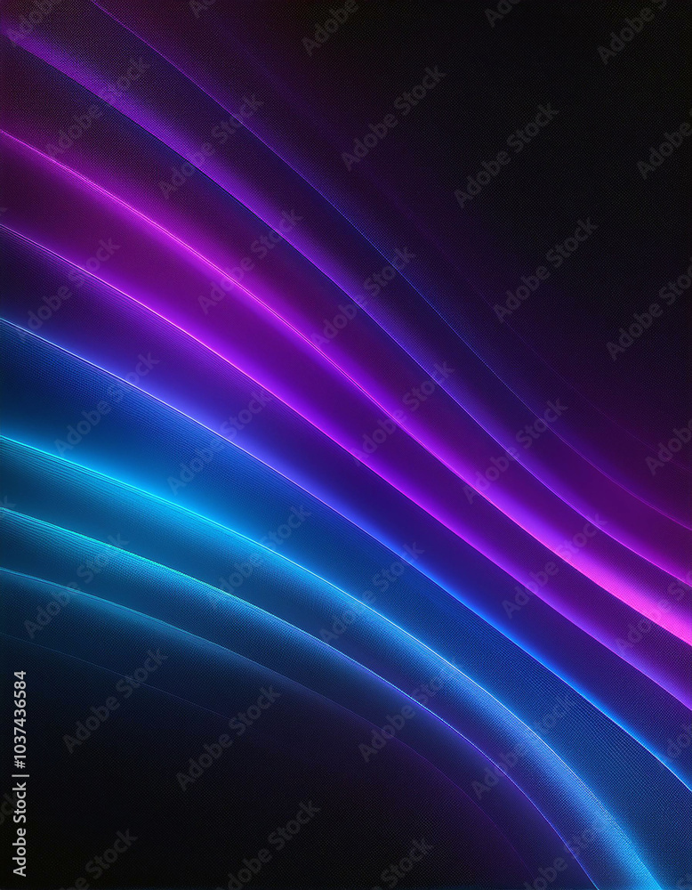 Naklejka premium Glowing blue and purple neon waves curve across a dark background. No people. The image evokes feelings of serenity and energy. Abstract, digital art.