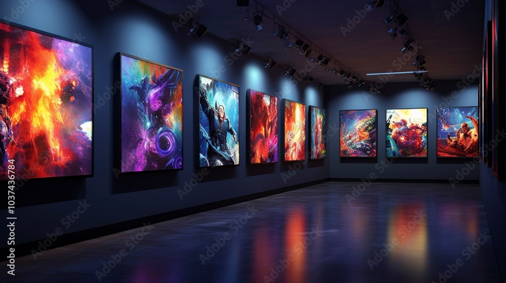 A photo of a gallery showcasing digital art A photo of a gallery showcasing digital art