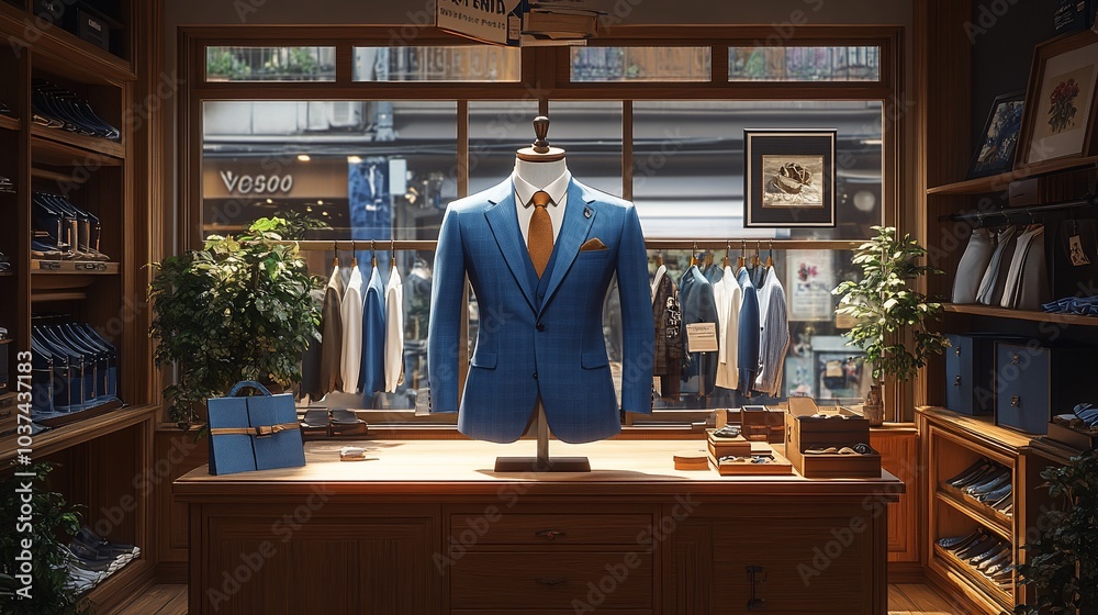A stylish blue suit displayed in a tailored clothing store setting. A stylish blue suit displayed in a tailored clothing store setting.