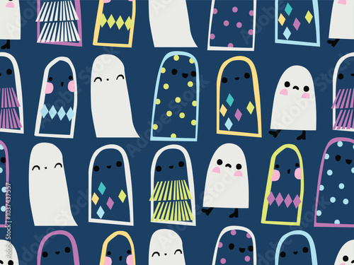 HALLOWEEN GHOST SEAMLESS PATTERN, CUTE GHOST CARTOON CHARCTER, DOODLE GHOST PATTERN IN VECTOR FILE