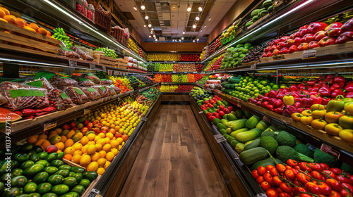 Vibrant Grocery Store Aisle with Fresh Fruits and Vegetables Displayed in Colorful Arrangements Under Bright Lighting