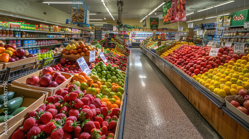 Vibrant Supermarket Aisle with Fresh Fruits and Vegetables Displayed in Colorful Arrangements for Healthy Shopping Experience