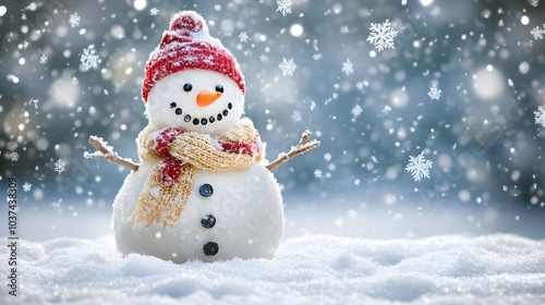 A Snowman Standing in a Snowy Field with Falling Snowflakes