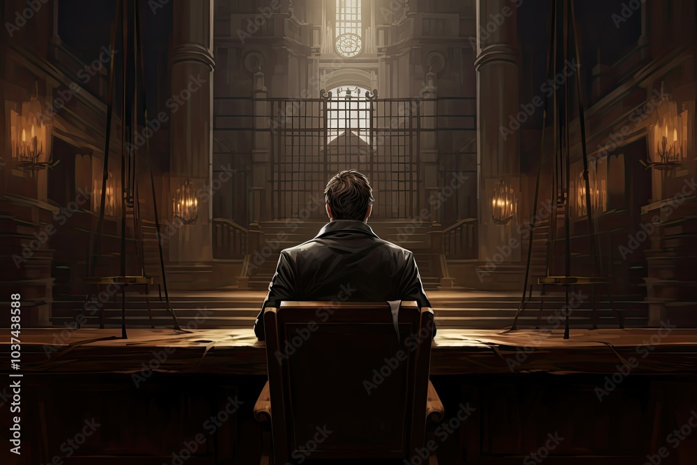 An attorney sits at a large wooden desk gazing at a grand courtroom filled with gothic details preparing for crucial court proceedings An attorney sits at a large wooden desk gazing at a grand courtroom filled with gothic details preparing for crucial court proceedings