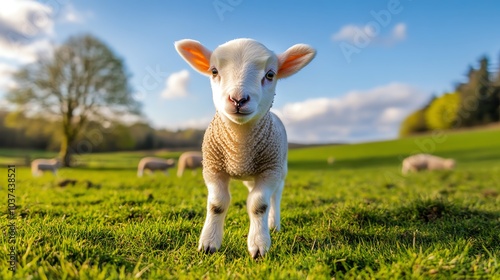 A playful lamb stands in a lush green field under a bright sky, surrounded by trees and fellow sheep, capturing the essence of rural life.