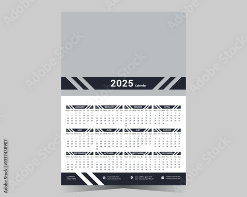Wall calendar 2025 template, modern 12 month one page calendar design, corporate business calendar.