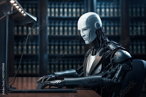 A cutting edge AI lawyer is diligently reviewing case files at a sleek workstation within a modern law office surrounded by shelves of legal books