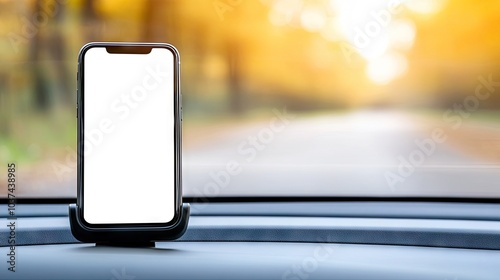 A minimalist smartphone in a car holder catching sunlight while parked amidst a blurred backdrop of nature in the early afternoon