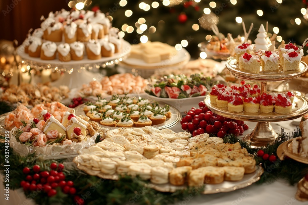 banquet table overflowing with an assortment of festive appetizers Christmas party banquet table overflowing with an assortment of festive appetizers Christmas party