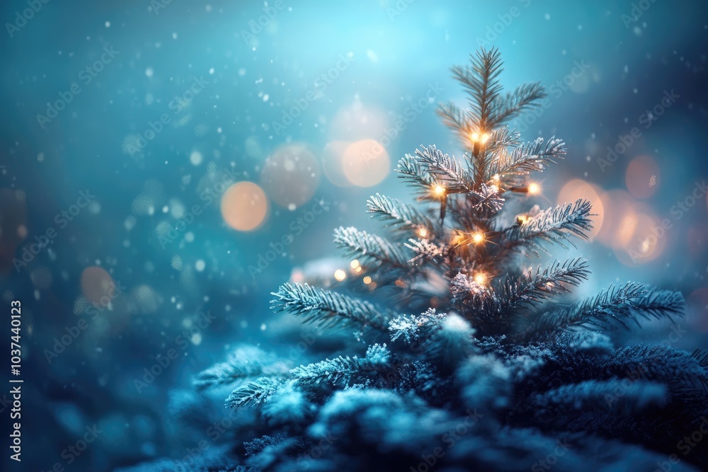 Fototapeta premium A Snowy Christmas Tree with Lights and Bokeh Background