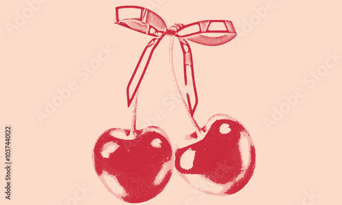 Bow with cherry. Sweet cherry artwork. Cherry fruit print. Organic food artwork for for t-shirt. 
