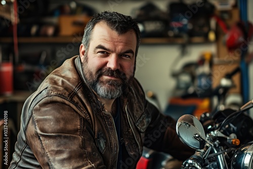 Rugged man on motorcycle in garage setting with leather jacket