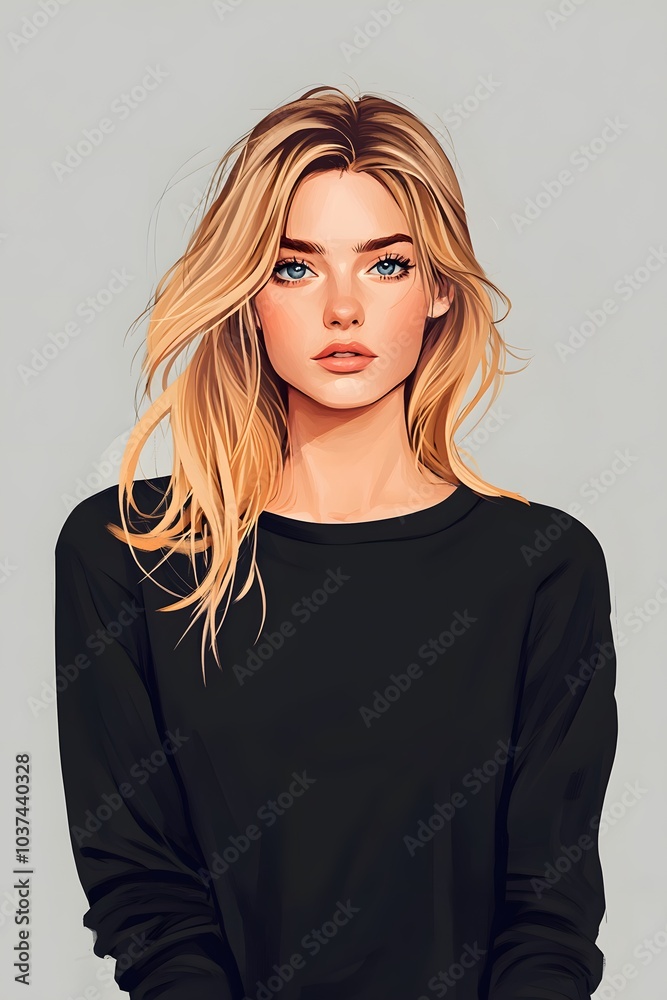 In this portrait, the woman exudes a quiet confidence with her sleek black attire and natural beauty. The simplicity of her look emphasizes her self-assured presence and timeless fashion sense.