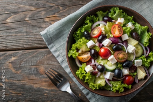 Salad with cabbage, tomatoes, feta cheese, olives and onion rings