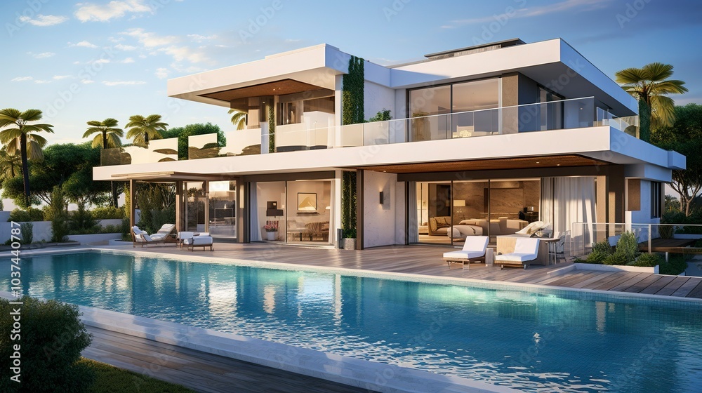 Fototapeta premium A photo of a luxury villa with a private swimming