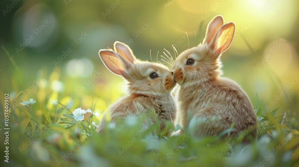 Fototapeta premium Two adorable bunnies snuggle in a field of wildflowers, bathed in soft sunlight.