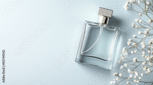 Elegant perfume bottle on light blue background with delicate white flowers