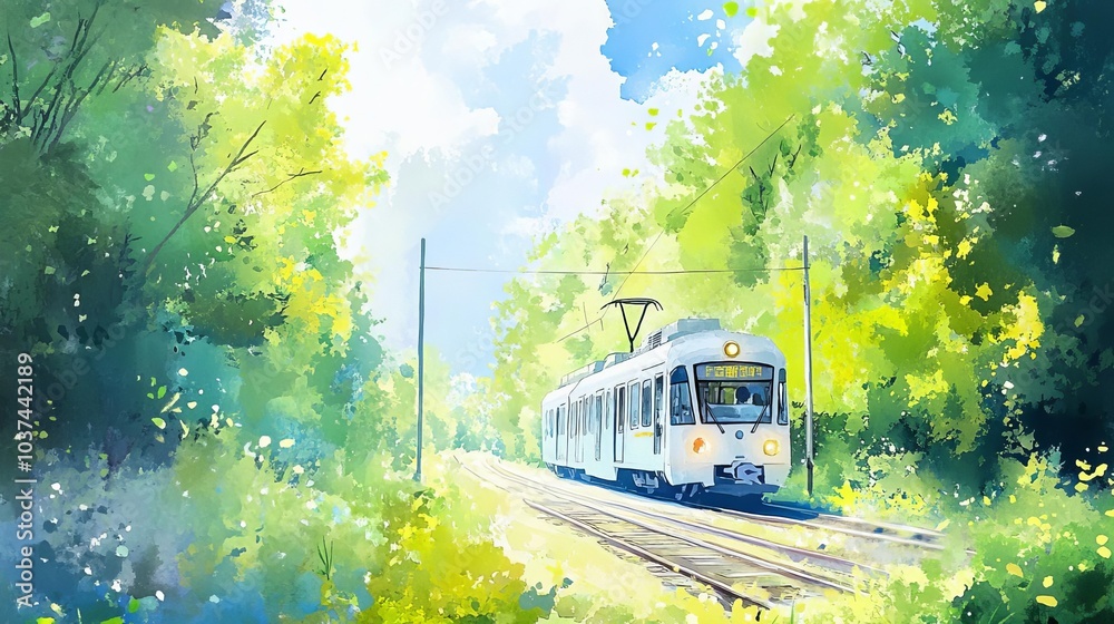 Obraz premium Electric train gliding through a forest, powered by renewable energy, peaceful and sustainable, watercolor style