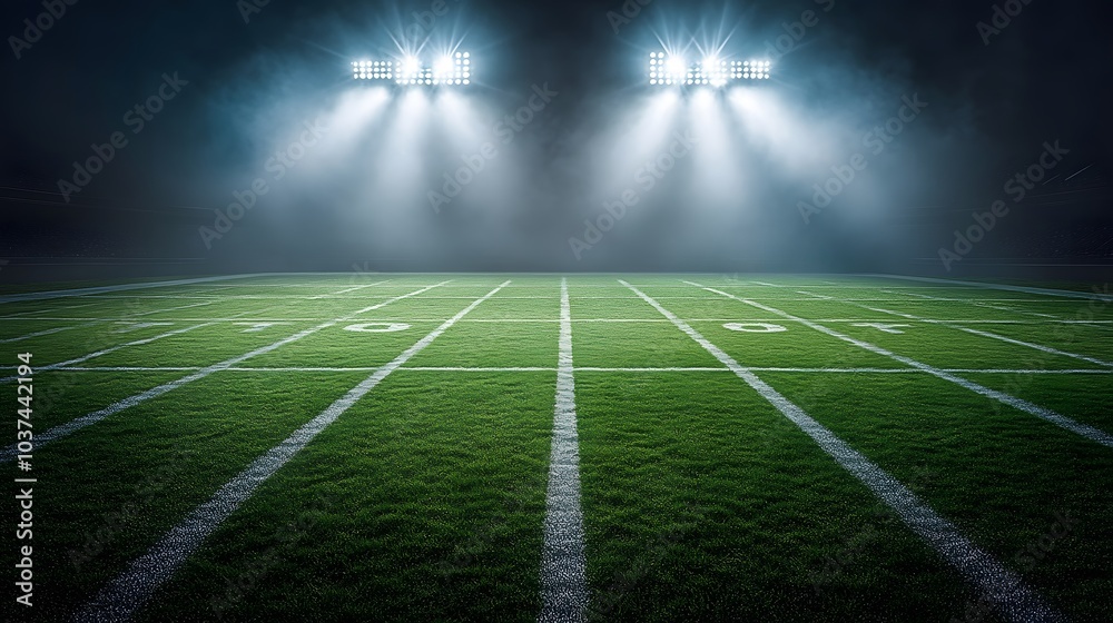 Obraz premium Empty football field under stadium lights at night, with dramatic atmosphere and mist, anticipation