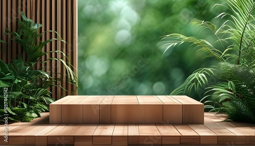 rustic wooden product display in contemporary eco interior setting