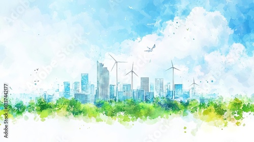 Green city skyline, wind turbines and solar panels, vibrant ecofriendly landscape, watercolor style, carbonfree future photo