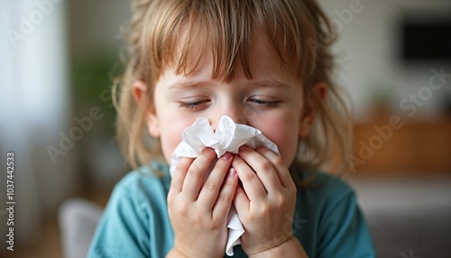 Little girl blowing her nose with a tissue at home – ideal for health-related articles, childcare blogs, or posts about cold and flu prevention for young children.

