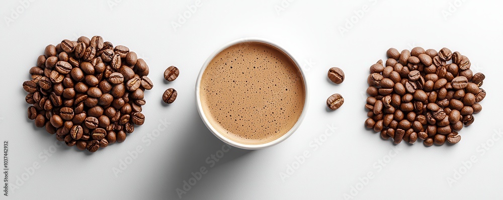 Coffee cup surrounded by coffee beans on a white background, creating a minimalist yet inviting scene for coffee lovers.