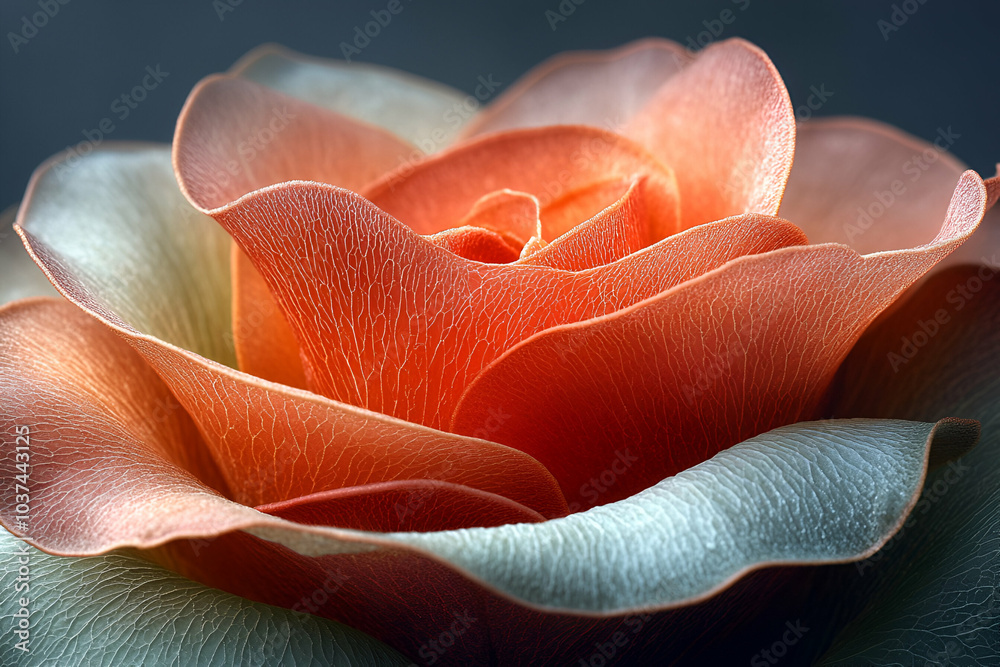 A beautifully detailed rose with soft peach and light blue petals, showcasing delicate textures and elegant colors. A beautifully detailed rose with soft peach and light blue petals, showcasing delicate textures and elegant colors.