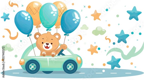 Cute teddy bear driving a car with blue balloons