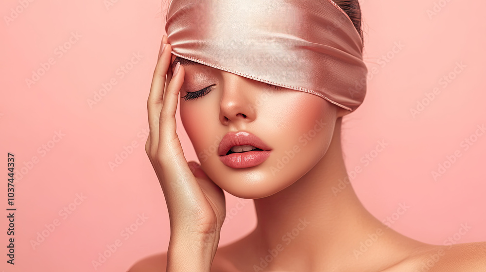 A beautiful woman with a silk blindfold covering her eyes, a flawless skin tone, her hand gently touching her face, against a light pink background. A beautiful woman with a silk blindfold covering her eyes, a flawless skin tone, her hand gently touching her face, against a light pink background.