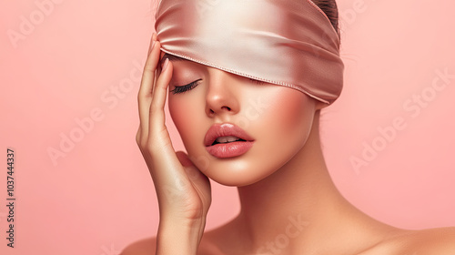 A beautiful woman with a silk blindfold covering her eyes, a flawless skin tone, her hand gently touching her face, against a light pink background.