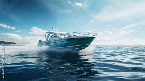 A photo of a modern center console boat speeding