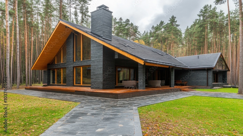 A sleek, modern cabin with large windows and a stylish roof stands amidst tall trees, blending nature with contemporary design on an autumn day A sleek, modern cabin with large windows and a stylish roof stands amidst tall trees, blending nature with contemporary design on an autumn day