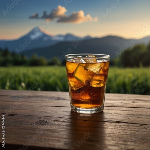 A glass of iced tea on a wooden table with a mountain view.