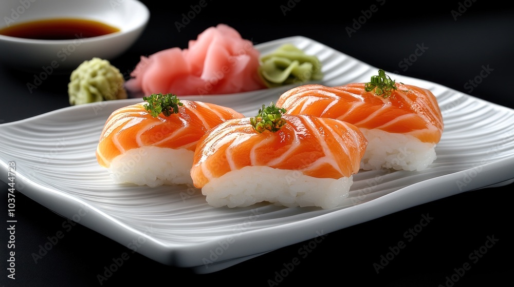 Delicious plate of sushi served with soy sauce and wasabi, representing traditional Japanese cuisine and culinary artistry Delicious plate of sushi served with soy sauce and wasabi, representing traditional Japanese cuisine and culinary artistry