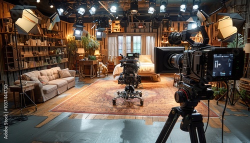Professional Film Camera Set Up In A Rustic Living Room