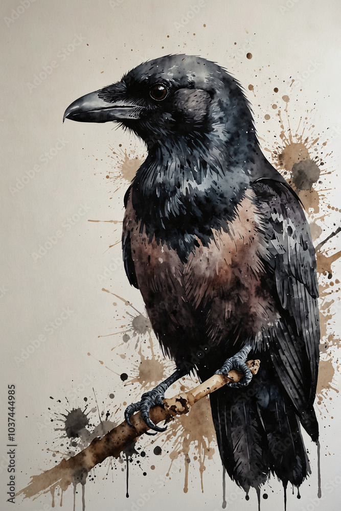 Obraz premium A beautiful watercolor painting of a bird perched on a branch, surrounded by expressive splashes of color. The detailed textures and warm hues capture the delicate essence of this bird