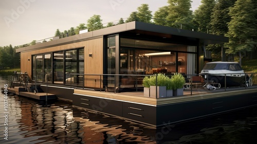 A photo of a modern houseboat with large windows