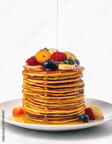 A delectable stack of golden pancakes, drizzled with sweet honey, topped with vibrant raspberries, blueberries, sliced bananas, and apricot slices. A delightful breakfast treat! photo