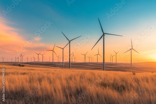 Breathtaking wind turbines stand tall against a stunning sunset sky. Nature and technology unite in harmony. A perfect image for renewable energy themes. Generative AI