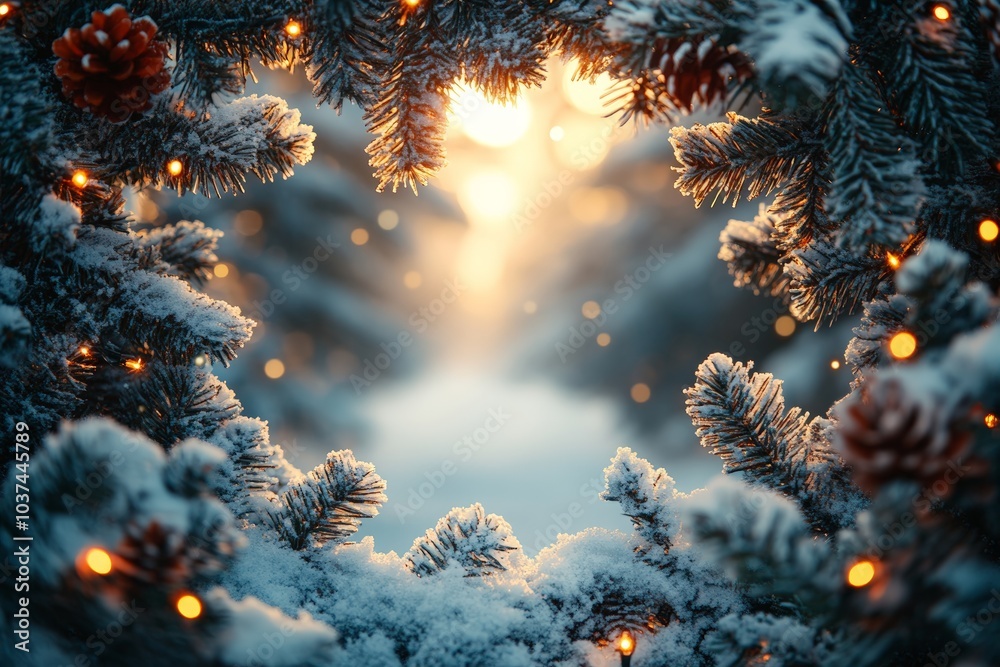 Merry Christmas and Happy Holidays greeting card, frame, banner. New Year. Noel. Snow Christmas tree light background.