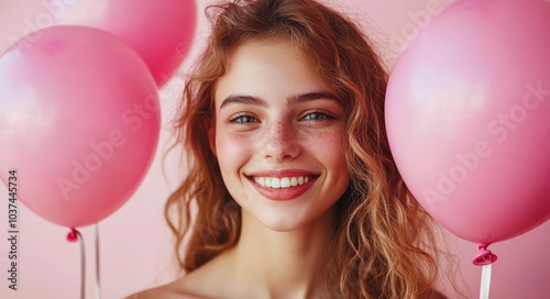 Joyful young woman holding pink balloons against a vibrant pink background, radiating happiness and celebration