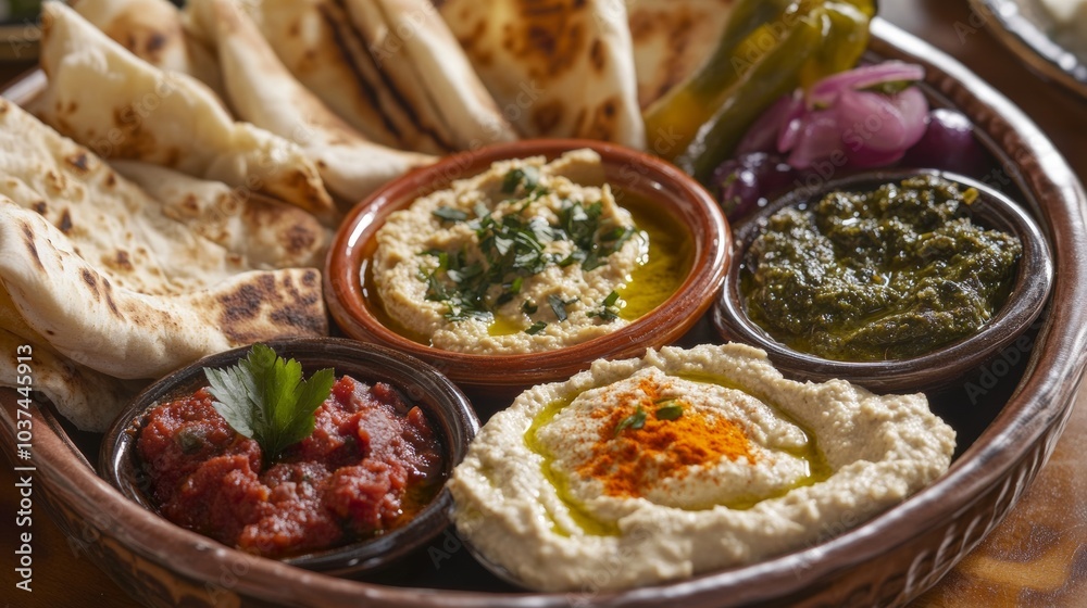 A mouthwatering platter of Mediterranean meze featuring hummus, baba ganoush, and stuffed grape leaves A mouthwatering platter of Mediterranean meze featuring hummus, baba ganoush, and stuffed grape leaves