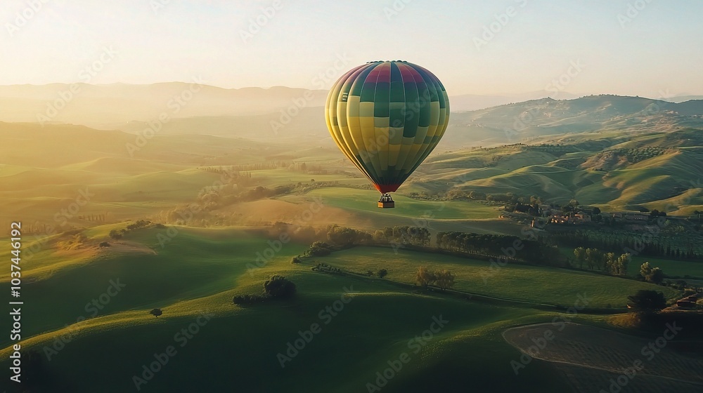 Obraz premium Scenic Hot Air Balloon Over Rolling Hills at Sunrise