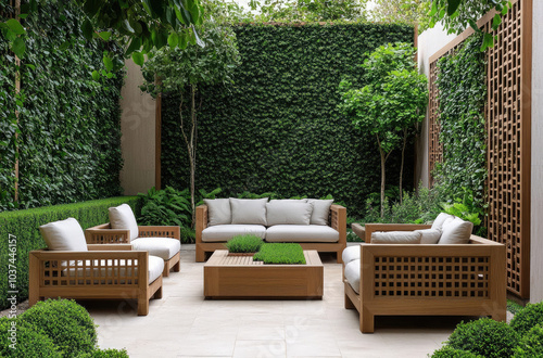 A modern urban garden with sleek wooden furniture, surrounded by vertical green walls and lush plants.  photo