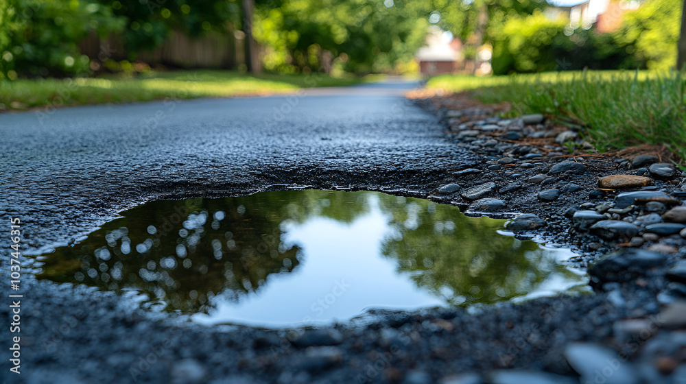 Fototapeta premium A tranquil puddle reflecting trees along a quiet suburban road on a sunny afternoon