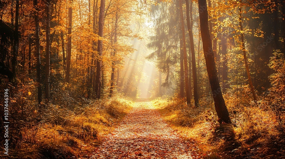 Fototapeta premium Serene Autumn Forest Pathway with Sunlight